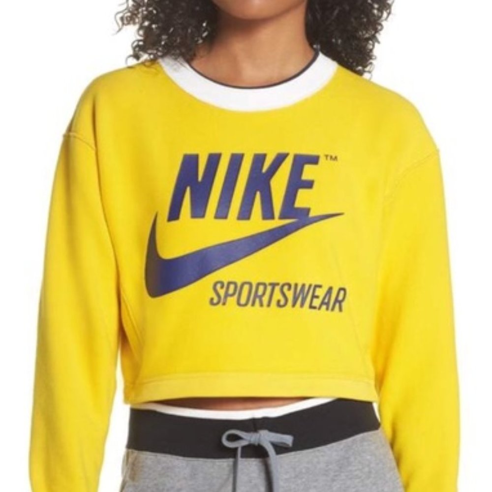 Nike Yellow Cropped Sportswear Sweatshirt with Navy Logo